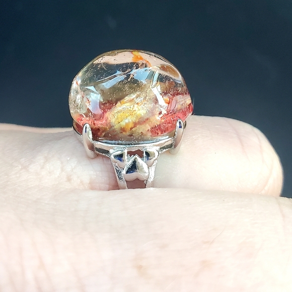 New Red Yellow Phantom Quartz Lodolite Adjustable 925 Silver Ring. - Picture 10 of 16